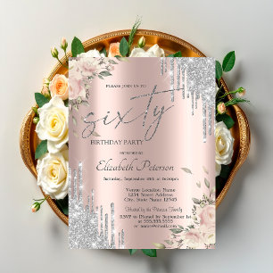 Convite Pingo de Purpurina Prata Flores Dourado Rosa 60º 