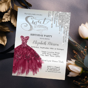 Convite Pingo de Purpurina Prata,Vestido Burgundy Sweet 17