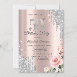Convite Pingo de Purpurina Prateada Rosas Dourado Rosa 50º