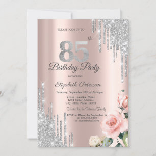 Convite Pingo de Purpurina Prateada Rosas Dourado Rosa 85º