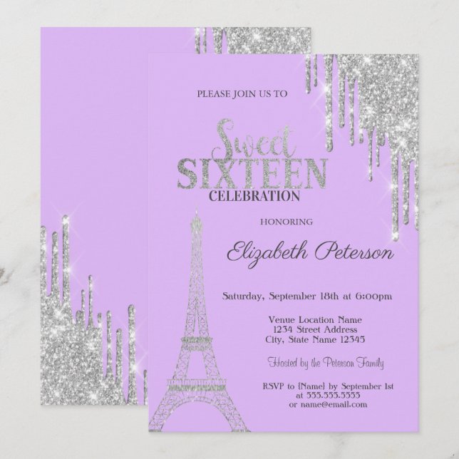 Convite Pingo de Purpurina Prateada, Torre Eiffel Sweet 16 (Frente/Verso)