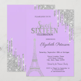 Convite Pingo de Purpurina Prateada, Torre Eiffel Sweet 16