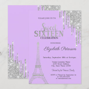 Convite Pingo de Purpurina Prateada, Torre Eiffel Sweet 16
