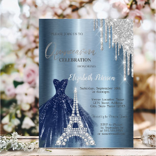 Convite Pingo, Vestido Azul, Eiffel Metálico Quinceañera