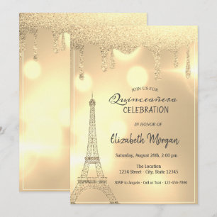 Convite Pingos de Brilho Elegantes, Torre Eiffel Dourada c