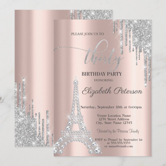 Convite Pingos de Prata, Diamantes Torre Eiffel Aniversári (Frente/Verso)
