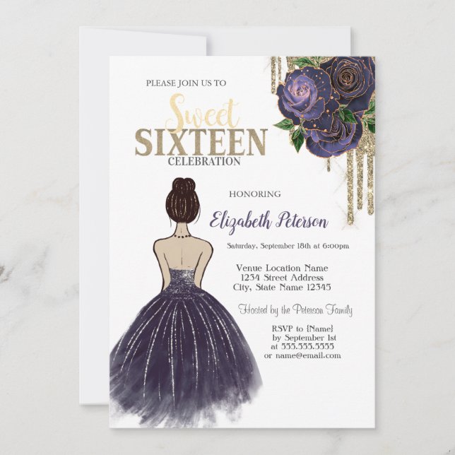 Convite Pingos, Vestido Roxo, Rosas Sweet 16 (Frente)