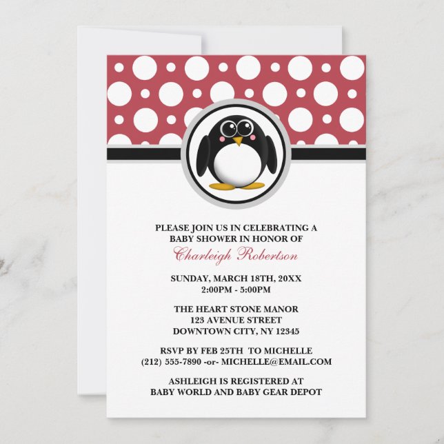 Convite Pinguim Bolinhas Vermelha Chamadas de Bebê (Frente)