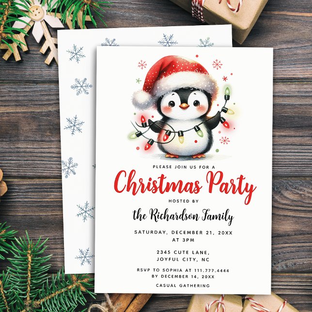 Convite Pinguim bonito com luzes Natal Festivo (Criador carregado)