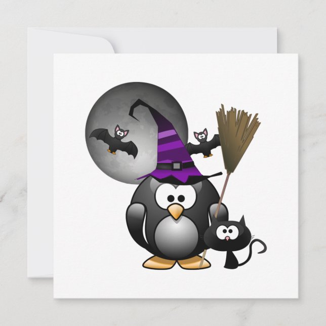 Convite Pinguim Bruxo Bonito com Cena de Halloween (Frente)