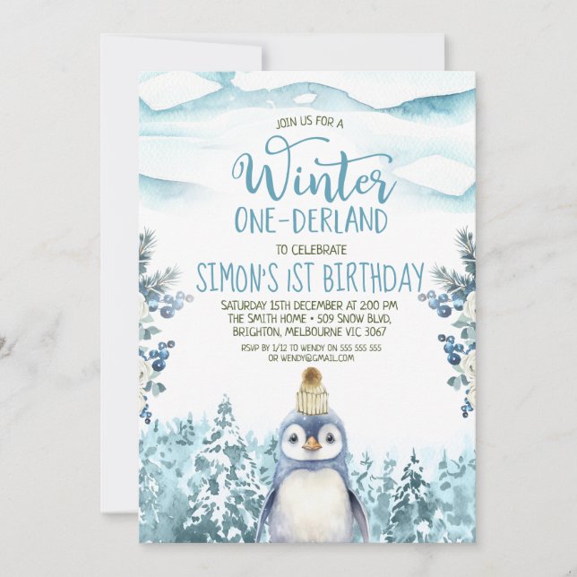 Convite Pinguim Cute Winter Onederland Birthday (Frente)