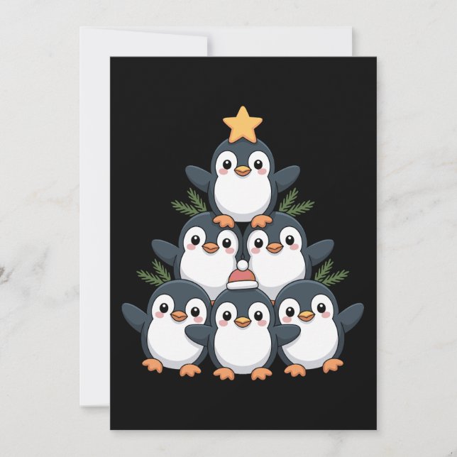 Convite Pinguim de Natal Árvore Estrela Papai Noel Chapéu  (Frente)