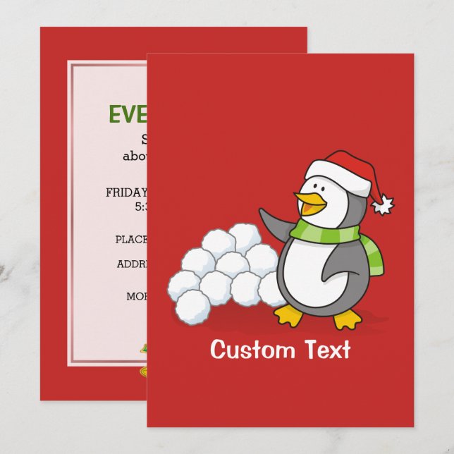 Convite Pinguim de Natal com bolas de neve balançando (Frente/Verso)