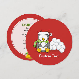 Convite Pinguim de Natal sentado com bolas de neve