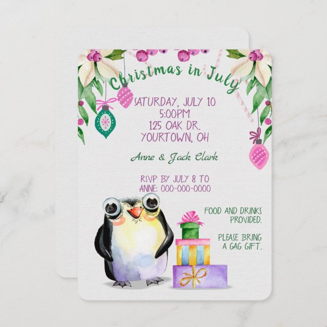 Convite pinguim e presentes para o Natal na festa de julho (Frente/Verso)