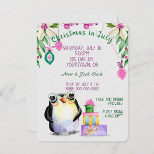 Convite pinguim e presentes para o Natal na festa de julho