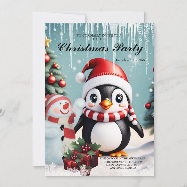 Convite Pinguim engraçado bonito. (Frente)