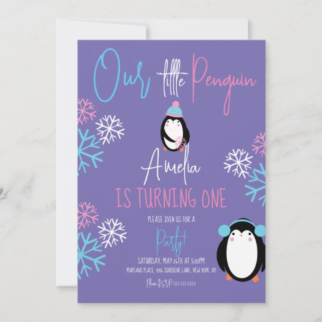Convite Pinguim Flocos de Neve Rosa primeiro aniversario V (Frente)