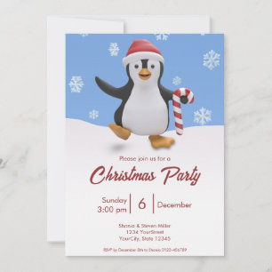 Convite Pinguim Fofo de Natal com Bengala de Natal & Chapé