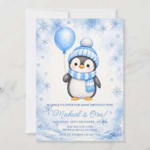 Convite Pinguim Inverno Azul Floco de Neve 1º Aniversário