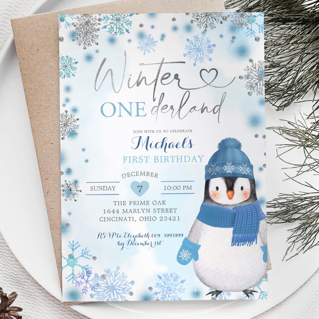 Convite Pinguim Inverno Flocos de Neve Onederland Aniversá (Criador carregado)
