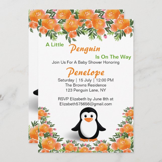 Convite Pinguim Laranja e Preto | Flores Verdes e Laranja (Frente/Verso)