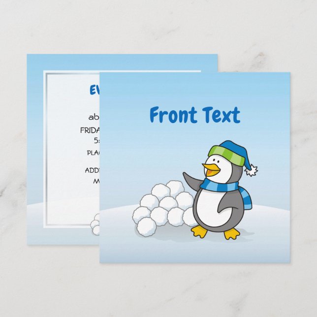 Convite Pinguim pequeno com bolas de neve balançando (Frente/Verso)