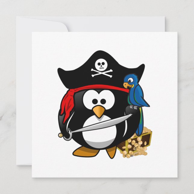 Convite Pinguim Pirata Bonito com Treasure Chest (Frente)