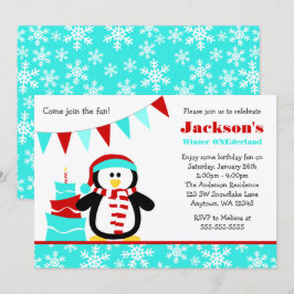 Convite Pinguim Snowflakes Teal Winter Onederland Aniversá