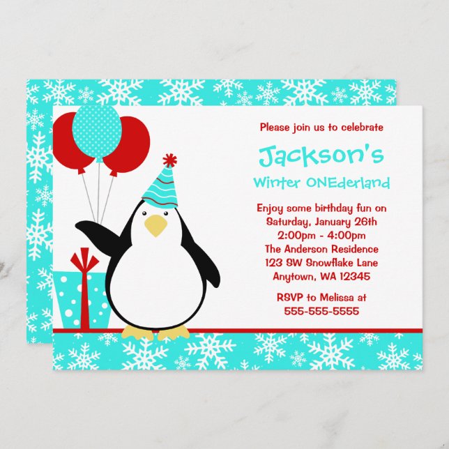 Convite Pinguim Teal Snowflakes Winter Onederland Birthday (Frente/Verso)