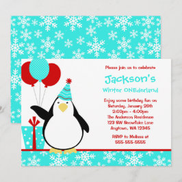 Convite Pinguim Teal Snowflakes Winter Onederland Birthday
