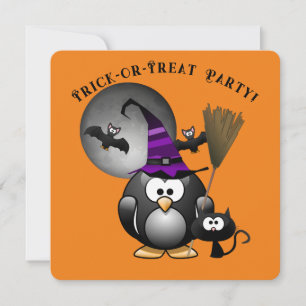 Convite Pinguim Testemunha com Cena de Halloween