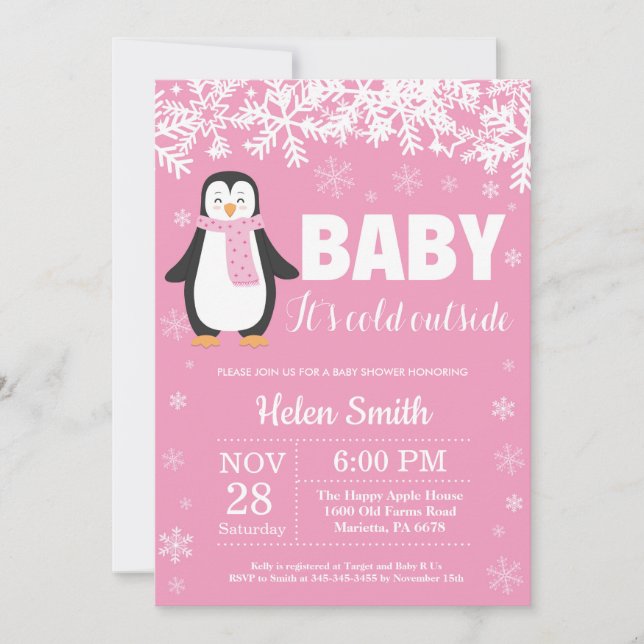 Convite Pinguim Winter Girl Chá de fraldas Snowflake (Frente)