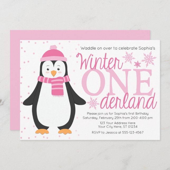 Convite Pinguin Winter ONE Derland Birthday Invitation (Frente/Verso)