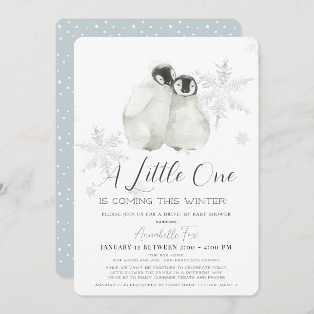 Convite Pinguin Winter Snowflake Blue Drive-by Chá de fral (Frente/Verso)