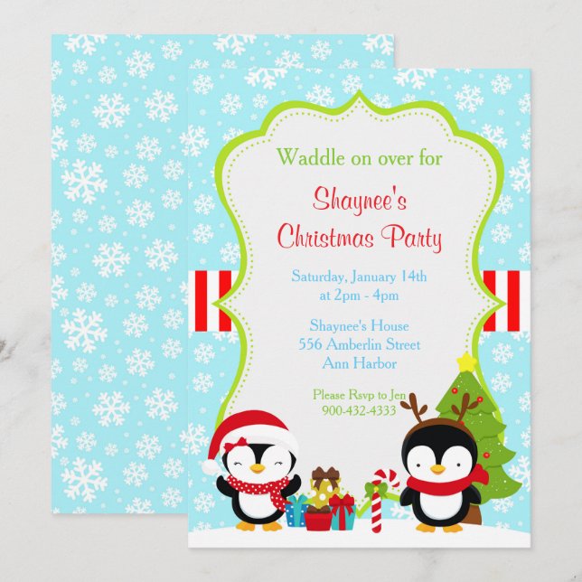 Convite Pinguins Cachorros de inverno de Natal (Frente/Verso)