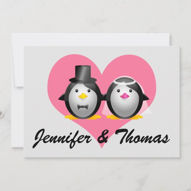 Convite Pinguins de Casamento, Jennifer & Thomas (Frente)