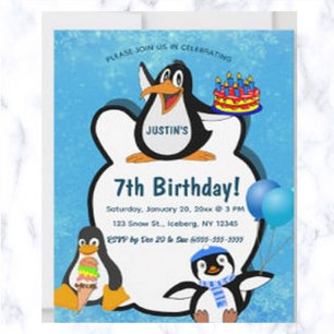 Convite Pinguins Editáveis no Aniversário de Neve
