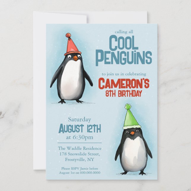 Convite Pinguins legal celebram o aniversário da criança (Frente)