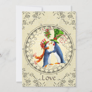Convite Pinguins, Mistletoe Vintage Winter Salvar a Data