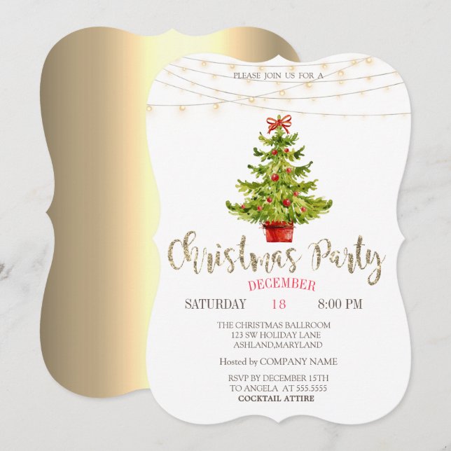 Convite Pinheiro, Bolas, Luzes Douradas Festa de Natal (Frente/Verso)