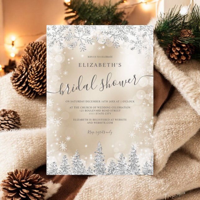 Convite Pinheiro de inverno, chá de panela de inverno, fol (Silver gold foil snow pine winter bridal shower invitation)