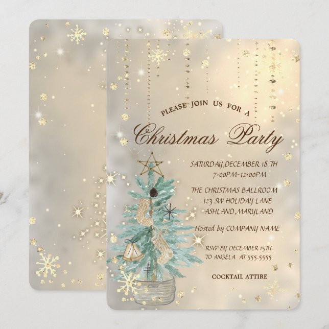 Convite Pinheiro de Natal, Estrela, Flocos de Neve Natal (Frente/Verso)