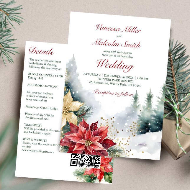 Convite pinheiro de poinsettia casamento no inverno, tudo  (Winter wedding watercolor poinsettia snowy pines all in one template invitation digital download)