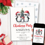 Convite Pinheiro festivo da família dos pinguins bonitos N<br><div class="desc">Crie Convites de festas de Natal modernos, com uma família animada de pinguins de três em chapéu vermelho de Papai Noel, perto de uma árvore de Natal. Este convite festivo de Natal é desenhado sobre fundo branco e o fundo é decorado com flocos de neve azuis. O modelo facilita a...</div>
