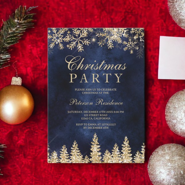 Convite pinheiro marinho azul- de ouro, Natal (gold snow pine navy blue chic corporate Christmas Invitation)