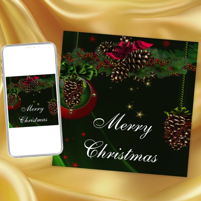 Convite Pinheiro Vermelho Verde Cones Festa de Natal Elega (Pinecone ornaments Christmas party invitation. Instant download and printed invitations available.)