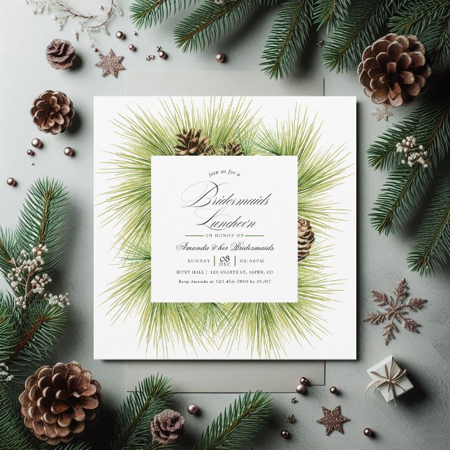 Convite Pinheiros com Aquarela de inverno (Winter Watercolor Pines Bridesmaids Luncheon Invitation)