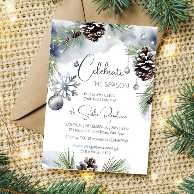 Convite Pinheiros com aquarela de Natal (Celebrate the season Christmas dinner party editable template invitation digital download watercolor)