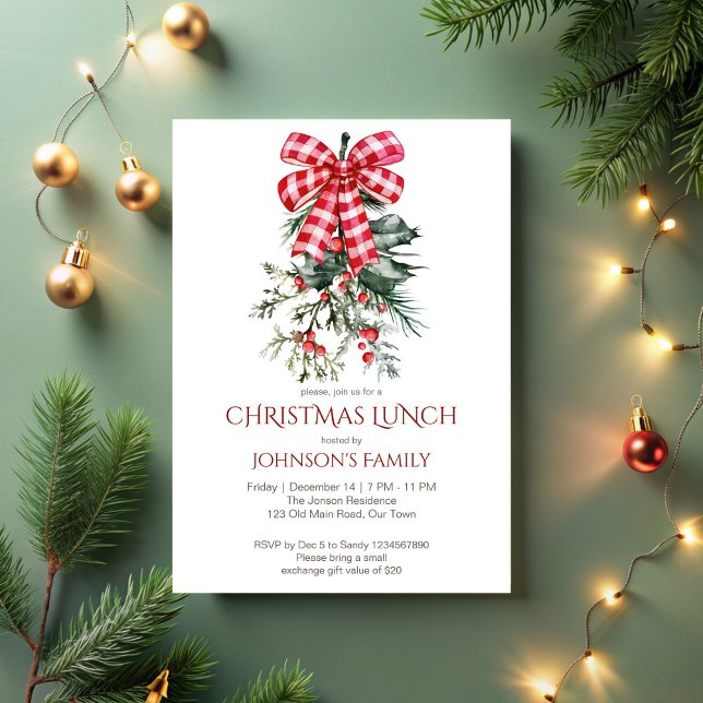 Convite Pinheiros de arco (Boho Christmas lunch party invitation template red bow pines red berries invitation)
